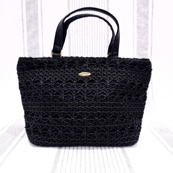 LIZ CLAIBORNE Vintage 90s Black Macrame /‎ Crochet Rattan Handbag Purse - Picture 1 of 15